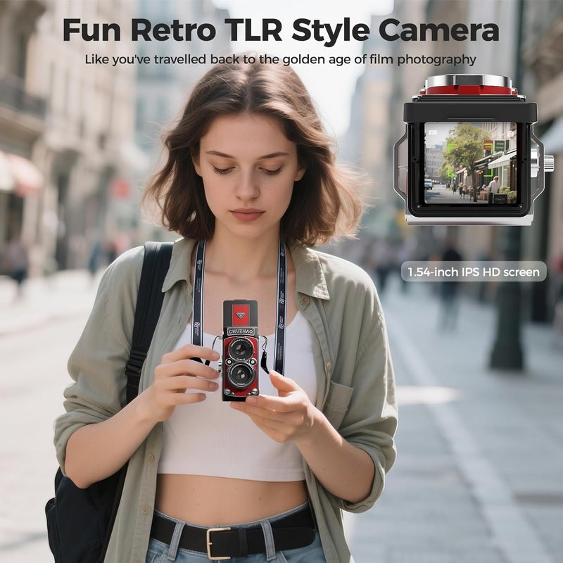 Chocapt CHUZHAO Digital Camera Retro with Time Stamp - Portable Vintage TLR Style 1080p FHD Video 12MP Photos Autofocus Mini Vlogging Camera with 16GB Card for Beginners Teens Adults, Red - Image 2